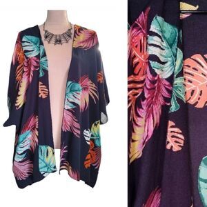 I Joah Black Tropical Open Front Short Sleeve Swim Kimono Cover Up Large NEW